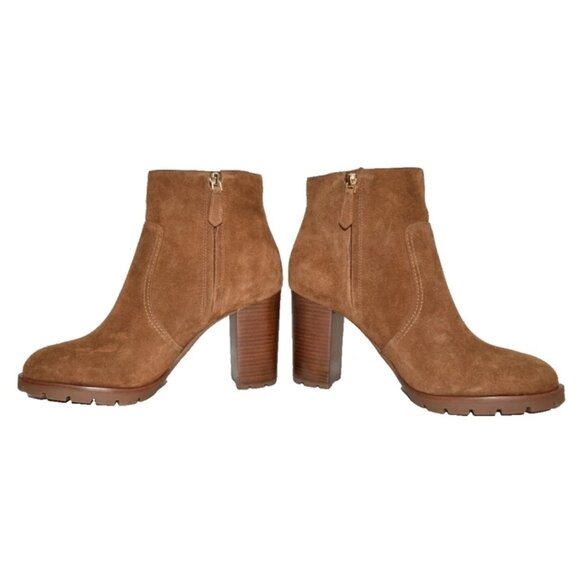 $500 TORY BURCH Sofia Lug Sole Suede Mid-heel Booties LOGO Brown 10.5 (MG24) - Picture 4 of 7